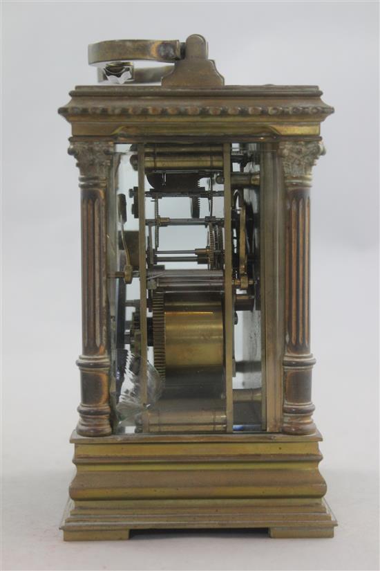 An early 20th century French brass hour repeating carriage clock, 6.5in.